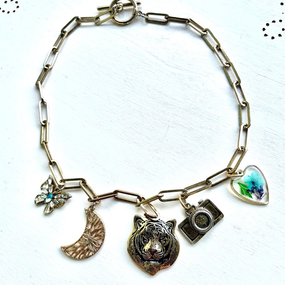 Handmade Charm Choker Necklace with Tiger, Camera, Flower Heart, Butterfly, Moon